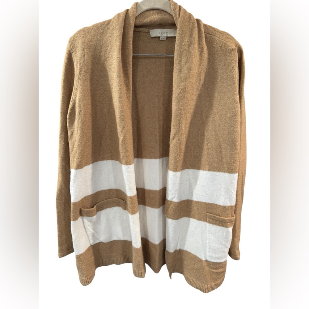 LOFT Tan‎ and White Striped Cardigan